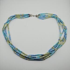 Seed Beed Multistrand Choker Necklace Lime Green Light Blue Y2K Beachy Surfer